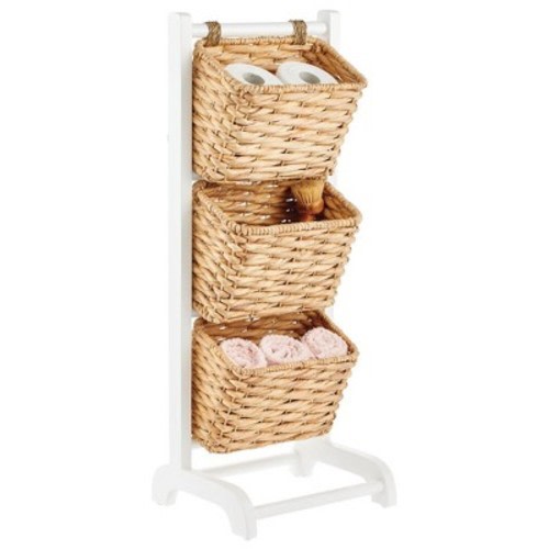 mDesign Vertical Standing Storage Basket Stand with 3 Baskets, Color: White/natural