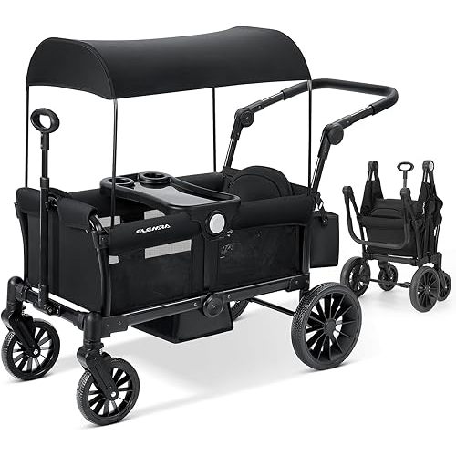 ELEMARA Stroller Wagon for 2 Kids, Foldable Wagon Stroller, Premium All Terrain Wagon for Kids, Kids Wagon Cart w/Removable Canopy, Adjustable Push/Pull Handle, Harnesses, Large Storage Bag, Black