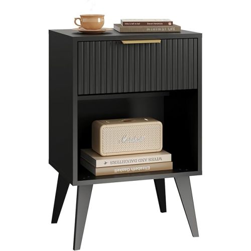 Fluted Night Stand with Opening Storage,Mid Century Bedside Table with Drawer,Modern Nightstand with Solid Wood Legs,End Table Side Table for Living Room,Bedroom,Black CTG56BK