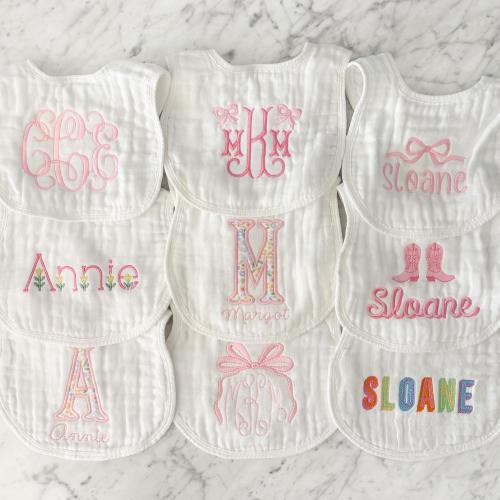 Baby Girl Custom Embroidered Muslin Bibs for Newborn | Baby Shower Gift | Monogram and Name Personalization