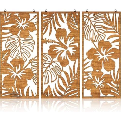 3 Pcs Tropical Wall Decor 3D Wooden Palm Leaf Wall Art Minimalist Monstera Sculptures Wood Hibiscus Flowers Hanging Decor Vintage Plant Plaque for Home Bathroom Office(Classic Style)