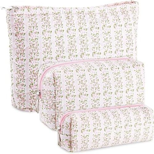 Paterr 3 Pcs Makeup Bag Quilted Cotton Cosmetic Pouch Set Cute Bow Floral Coquette Aesthetic Preppy Makeup Skincare Bag Travel Toiletry Bags for Women Valentine's Gift(Floral,Classic Color)