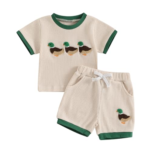 Doqcey Toddler Baby Boy Summer Outfit Mallard Duck Embroidery Short Sleeve T-Shirt Tops Waffle Shorts Set Hunting Clothes