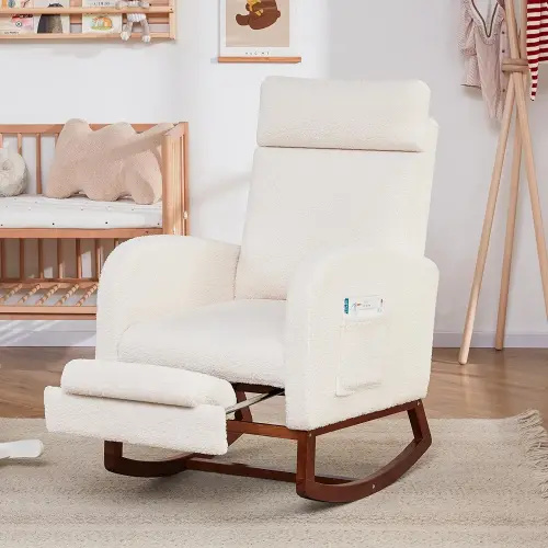 Rocking Chair Nursery Chair with Foot Rest, Glider Rocking Chair with Pocket, Nursery Rocking Chairs with High Back, Baby Nursery Glider Rocker, Nursing Chair Accent Living Room (Teddy, Ivory)