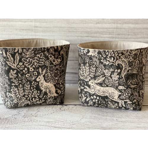 Rabbit Storage Basket, Woodland Decor Gift, Cotton Linen Fabric Pod, Rifle Paper Co Bag, Reversible Black & Tan Organizer, Fable on Canvas
