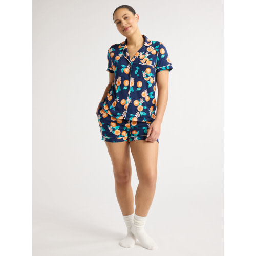 Joyspun Women’s Short Sleeve Knit Notch Collar Top and Shorts Pajama Set, 2-Piece, Sizes XS-3X