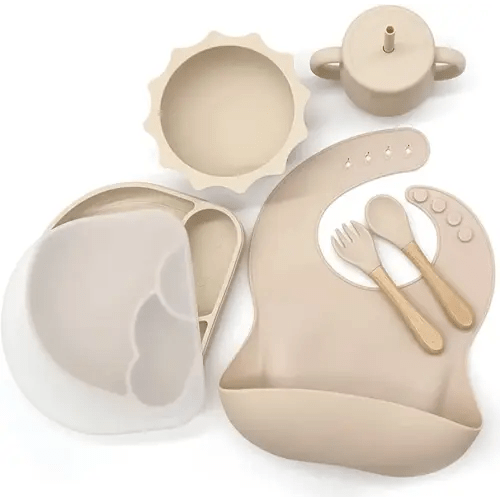 KCMI’s Baby-Led Weaning Supplies: Silicone Feeding Set with Bibs, Suction Bowl, Divided Plate, Cup, and Self-Feeding Spoons for Babies and Toddlers - [Beige]