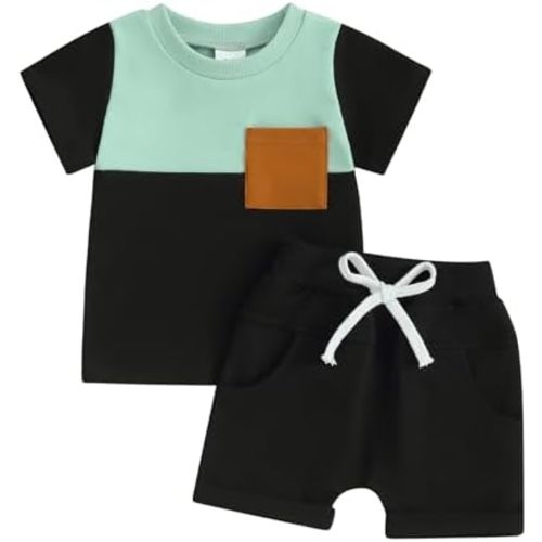 Sejardin Toddler Baby Boy Summer Clothes Plaid Patchwork Short Sleeve T Shirt Tops and Stretch Shorts Infant Boy Outfit
