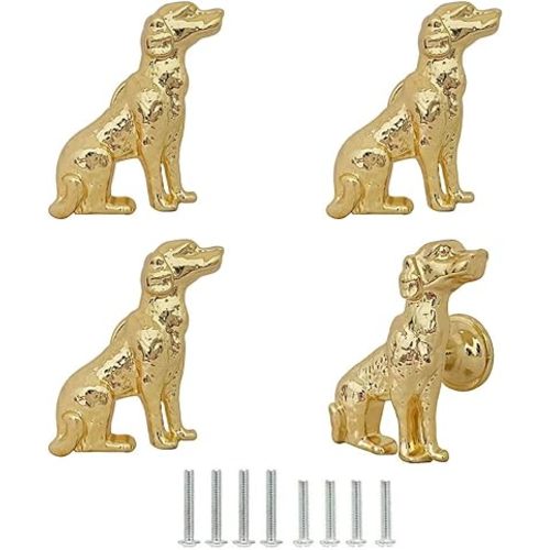 Cabinet Knobs, Vintage Decorative Metal Pet Dog Knobs Pulls Handles for Closet Door Drawer Cupboard, Antique Dresser Knobs Kitchen Home Hardware Furniture Handle Single Hole 4Pcs (Gold)