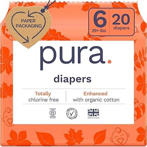 Pura Size 6 Eco-Friendly Diapers (29+ lbs) Totally Chlorine Free (TCF) Hypoallergenic, Soft Organic Cotton, Sustainable, up to 12 Hours Leak Protection, Allergy UK, 1 Packs of 18 Diapers