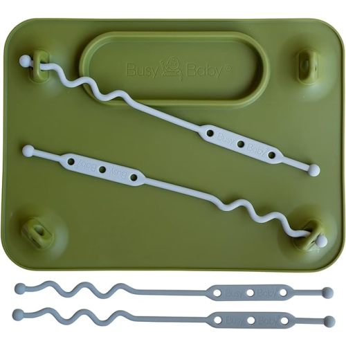 BUSY BABY Silicone Mat - Suction Cups, 4 Straps to Secure Baby Essentials, Self Feeding, Baby Led Weaning, Travel Sleeve Included (Olive)