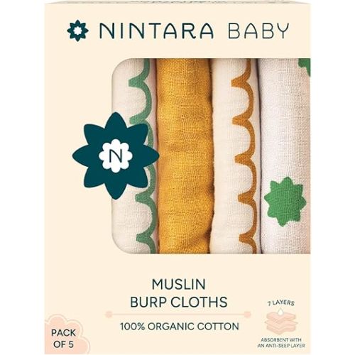 Burp Cloths - 100% Organic Premium Muslin Cotton, Extra-Large 22" x 12", 7-Layer Absorbent & Waterproof, Reversible, Soft & Hypoallergenic, Gifts for Newborns, Pack of 5