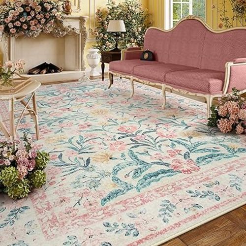 Lahome Boho Pink and White Area Rugs 9x12 Living Room, Washable Floral Large Area Rugs for Bedroom, Soft Non-Slip Thin Carpet for Nursery Kids Playroom Home, Blush
