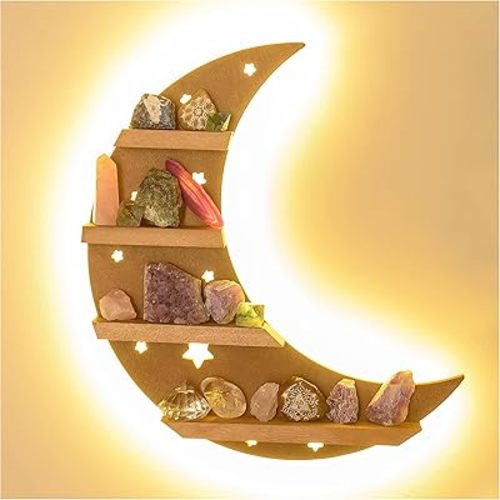 Curawood Crescent Moon Shelf with LED Lights - 15.7" Crystal Display Shelf for Wall - Crystal Holder for Stones - Moon and Stars Wall Decor - Rock Display Case, Witchy Altar Trinket Organizer