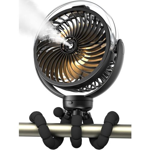Misting Stroller Fan, 6000mAh Battery Operated Portable Fan with Light & 360° Pivoting, Personal Fan with Flexible Tripod for Baby, Office, Travel,Treadmill,Outdoors