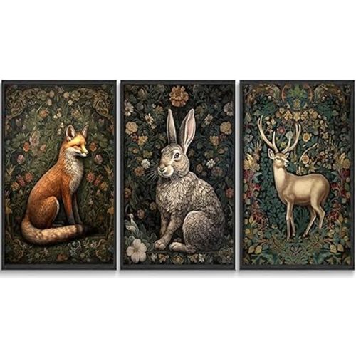 3Pcs William morris animal wall art Fox rabbit sika deer Canvas Posters Prints Forest Wild Animal Pictures Paintings Gothic Botanical Floral Oil Wall Decor for Bedroom Unframed （12"x16"x3）