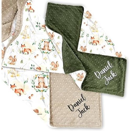 MDPrints Personalized Woodland Baby Blanket for Boys and Girls, Lovey, Newborn Gift for Girls or Boys, Soft Flannel with Double Layer Dotted Backing (Woodland DK09)