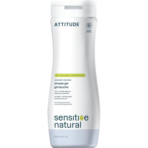 ATTITUDE Body Wash for Sensitive Skin with Oat, EWG Verified, Dermatologically Tested, Vegan, Extra Gentle, Unscented, 16 Fl Oz