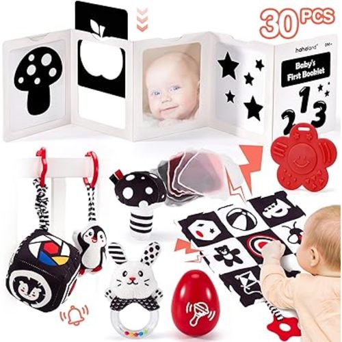 hahaland Newborn Baby Toys 0-6 Months - 30 PCS Baby Sensory Activities Toy Black and White High Contrast Montessori Toy for Infants Babies 0 3 6 Months Early Learning Tummy Time Toys