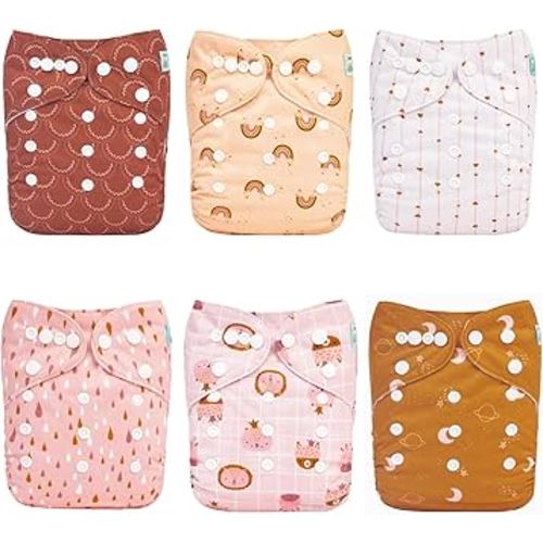 ALVABABY Baby Cloth Diapers 6 Pack with 12 Inserts One Size Adjustable Washable Reusable for Baby Girls and Boys 6DM104