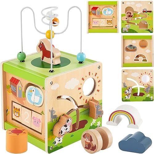 Buyger Wooden Baby Activity Cube Toy, 6 in 1 Farm Animals Montessori Learning Educational Sensory Toys Birthday Gifts for Baby Toddler Kids Boys Girls