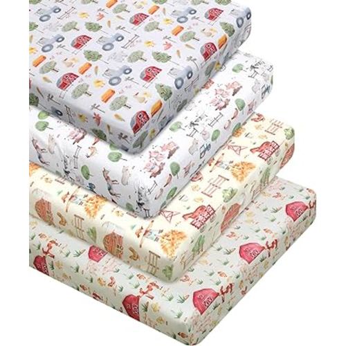 VitalCozy 4 Pcs Farm Animals Crib Sheet Set Newborn Bedding Nursery Baby Sheets for Girl Boys Baby Gifts for Standard Crib and Toddler Mattresses, 52 x 28 x 8 Inches