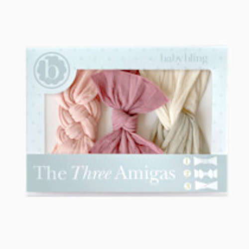 Baby Bling The Three Amigas Headband Bow Gift Set (3 Pack) - Mauve/Rose Quartz Dot/Mushroom + Oat