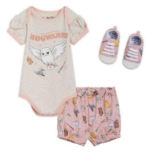 Harry Potter Newborn Baby Boys Bodysuit, Shorts and Shoes 3 Piece Outfit Set Logo Gray / Maroon 3-6 Months