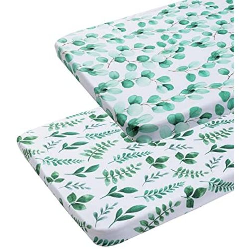 Pack n Play Sheets 2 Pack for Baby Unisex, Stretchy Jersey Knitted Portable Mini Crib Sheets Playard Mattress Cover for Baby Boys and Girls, Watercolor Green Botanical Leaf