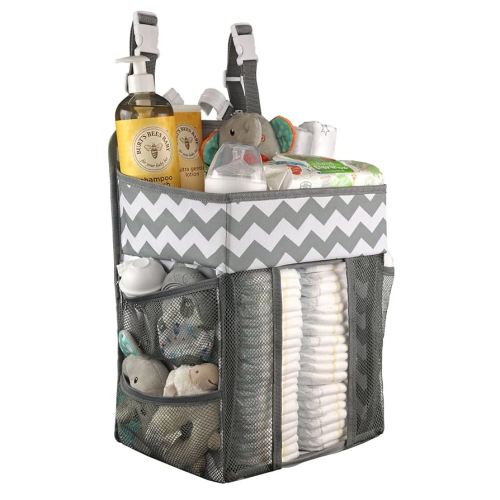 Hanging Diaper Caddy Organizer - Large Nursery Storage for Essential Newborn Baby Items - 2 Compartments, 3 Mesh Pockets - Durable Hooks to Hang on Bassinet, Changing Table, Crib