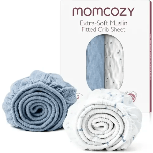 Momcozy Muslin Standard Fitted Crib Sheets, 52"x28", 2 Pack Soft Breathable Natural Cotton Baby Mattress Sheet, 360° Mattress Wrapping No Slip Boys Girls Neutral Toddler Bed Sheet, Blue Star Moon