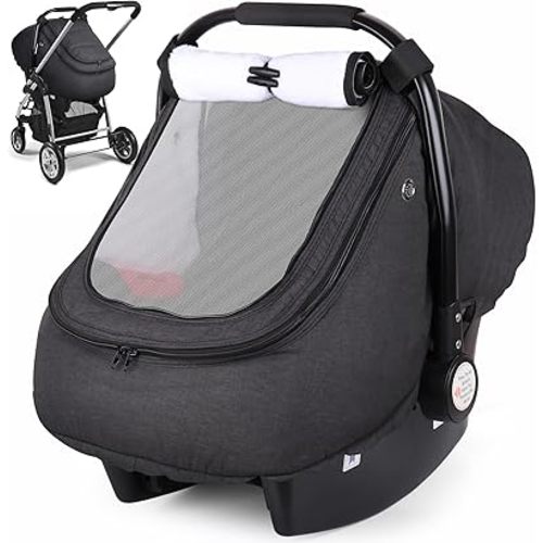Rquite Car Seat Cover Baby, Winter Carseat Cover Boy Girl, Waterproof Infant Car Seat Cover, Warm Car Seat Canopy, Newborn Cold Weather Shield, Baby Carrier/Stroller Cover with 2 Layers Window, Black