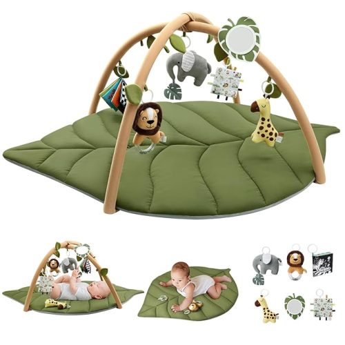 Blissful Diary Baby Play Gym & Activity Mat, Oversize Leaf Shaped Baby Play Mat with 6 Detachable Toys, Tummy Time Mat Promote Motor Skills & Sensory Development Mat for Newborn Infant Baby Essentials - Play Gym with Lion Rattle