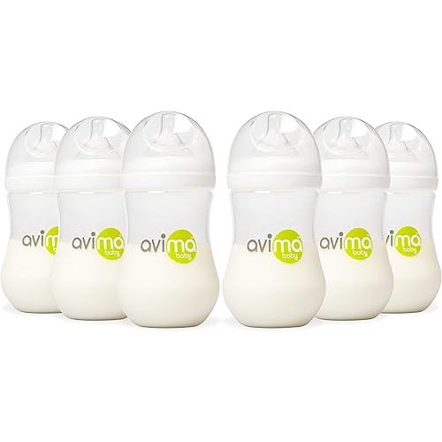 Avima Baby 9 oz Anti Colic Baby Bottles for Breastfed Babies - Medium Flow Nipples, Wide Neck Bottles, BPA Free - 3-6 Months, Stage 2 (Set of 6)