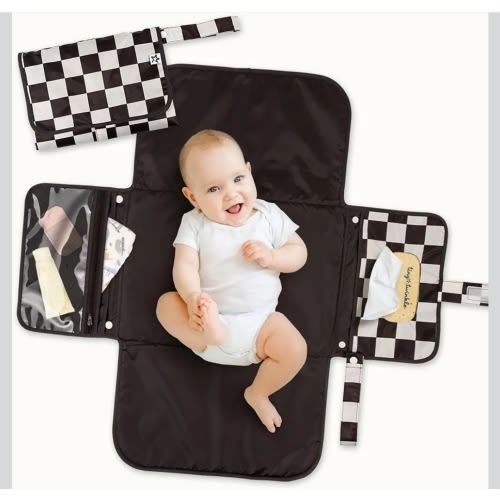 Tiny Twinkle Portable Diaper Changing Pad | Waterproof, Wipeable & Compact Baby Changing Pad for Travel | Smart Wipes Pocket & Organized Storage| Newborn Shower Gift (Black Checkers)