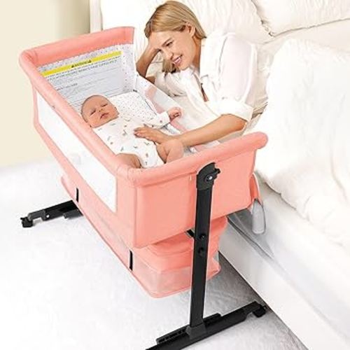 3 in 1 Bassinet Bedside Sleeper, Baby Bassinets Bedside Sleeper with Wheels, Breathable Mesh, Adjustable Height, Storage Basket, Easy Assemble & Folding (Pink)