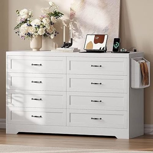 DWVO White 8 Drawer Dresser, 31.5" W Large Vintage Double Dresser Chest of Drawers with Charging Station and Side Organizer Bag, Wood Storage Dresser with Retro Metal Handle for 300lbs for Hallway