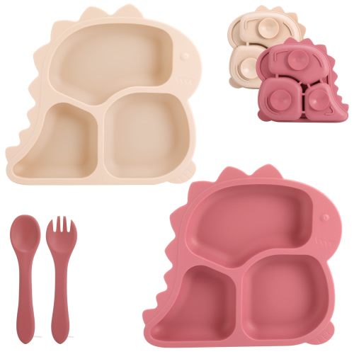 Armscye 2 Pack Silicone Suction Plate for Baby, Divided Unbreakable Toddler Food Plate with 2 Pack Spoons for Self Feeding, Toddler Utensils Feeding Set Baby Eating Supplies, Dinosaur Shape