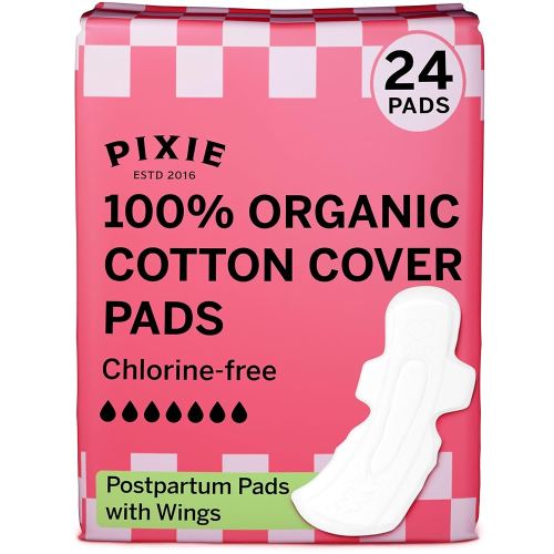 Pixie Cup Organic Cotton Postpartum Pads for Women - Extra Heavy Absorbency with Wings - Leak-Proof, Hypoallergenic & Unscented - Compostable, Biodegradable - 24 Count