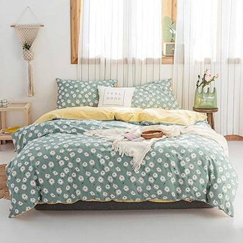 EAVD Fresh Garden Style Daisy Floral Queen Comforter Set Sage Green Fluffy Soft Microfiber Chic Flower Bedding Set for Girls Women Vintage Style Botanical Comforter Set for All-Season