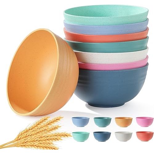 8PCS Cereal Bowl, Ohola Unbreakable Wheat Straw Cereal Bowls, Microwave & Dishwasher Safe Kitchen Bowls for Cereal, Snack, Soup, Salad and Rice, MultiColors, BPA Free, 26oz (Ser of 8)