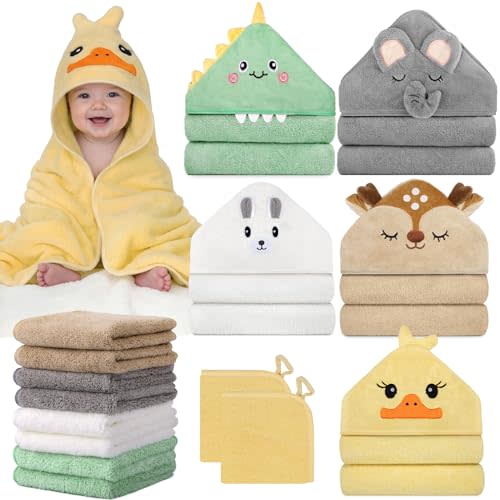 15 PCS Baby Bath Towels Set, 5 PCS Cute Animal Hooded Baby Towels & 10 PCS Washcloths Super Value Set for Infants Toddlers, Ultra Absorbent Soft Baby Bath Essentials Gifts for Boys & Girls