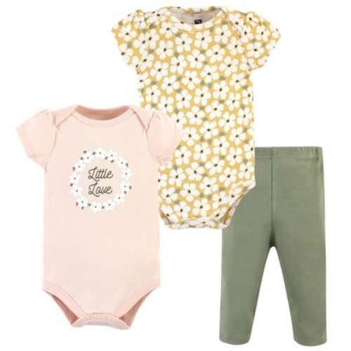 Hudson Baby Infant Girl Cotton Bodysuit and Pant Set, Sage Floral Wreath, Newborn