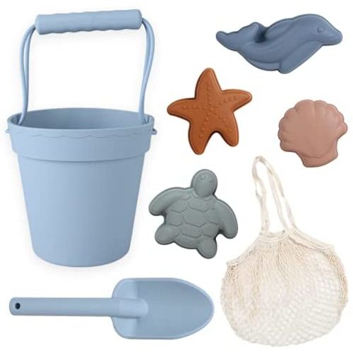 BLUE GINKGO Silicone Beach Toys - Beach Accessories for Kids - Travel Beach Bag, Sand Toy Molds, Shovel and Bucket Set - Baby Bath Water Play Toys, Toddler Outdoor Pool Summer Playset - 7pc (Blue)