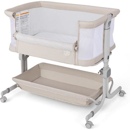 BABY JOY Bassinet, Bedside Crib w/ 6-Level Adjustable Height, Storage Shelf, Wheels, Mattress & Carry Bag for Safe Co-Sleeping, Folding Bassinet Bedside Sleeper for Newborn Infants (Beige)