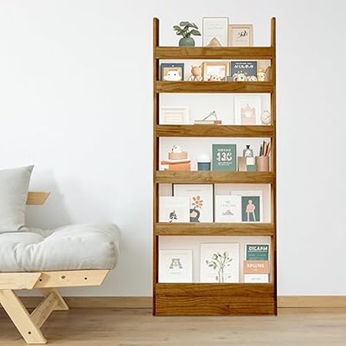 Behind Door Bookshelf Organizer - Natural Wood Wall Shelf 6-Tier Space-Saving Storage for Kids & Adults (Dark Walnut) (31.5" Wide)