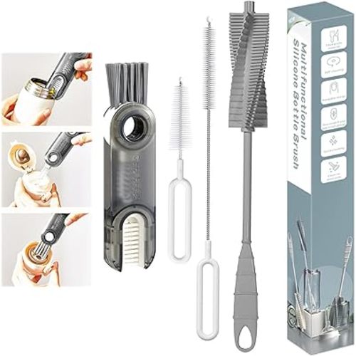 Water Bottle Cleaner Brush Set, Meritpick 3 in 1 Multipurpose Bottle Gap Cleaner Brush & Long Handle Silicone Bottle Brush & Straw Cleaner Brush for All Water Bottle, Baby Bottles (Grey)