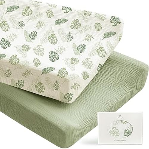 Konssy 2 Pack Muslin Changing Pad Covers for Boys, Ultra Soft & Breathable Cotton Baby Diaper Changing Table Covers, Neutral Nursery Diaper Changing Pad Sheets (Palm Paradise, Sage)