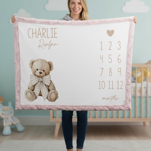 Personalized Teddy Bear Milestone Blanket – Custom Name Monthly Baby Photo Blanket