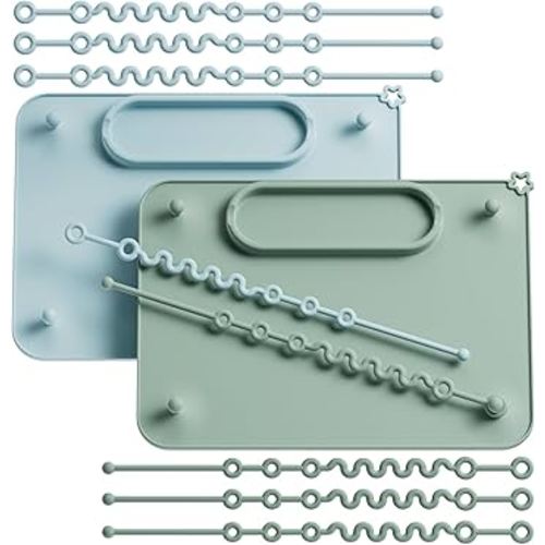 2 Pack Baby Silicone Mat, with Suction Base and 8 Stretchable Straps, Seposeve Baby Placemats, Activity Mat for Infants to Toddlers, Keeps Babies Essentials Off The Floor, Green Blue